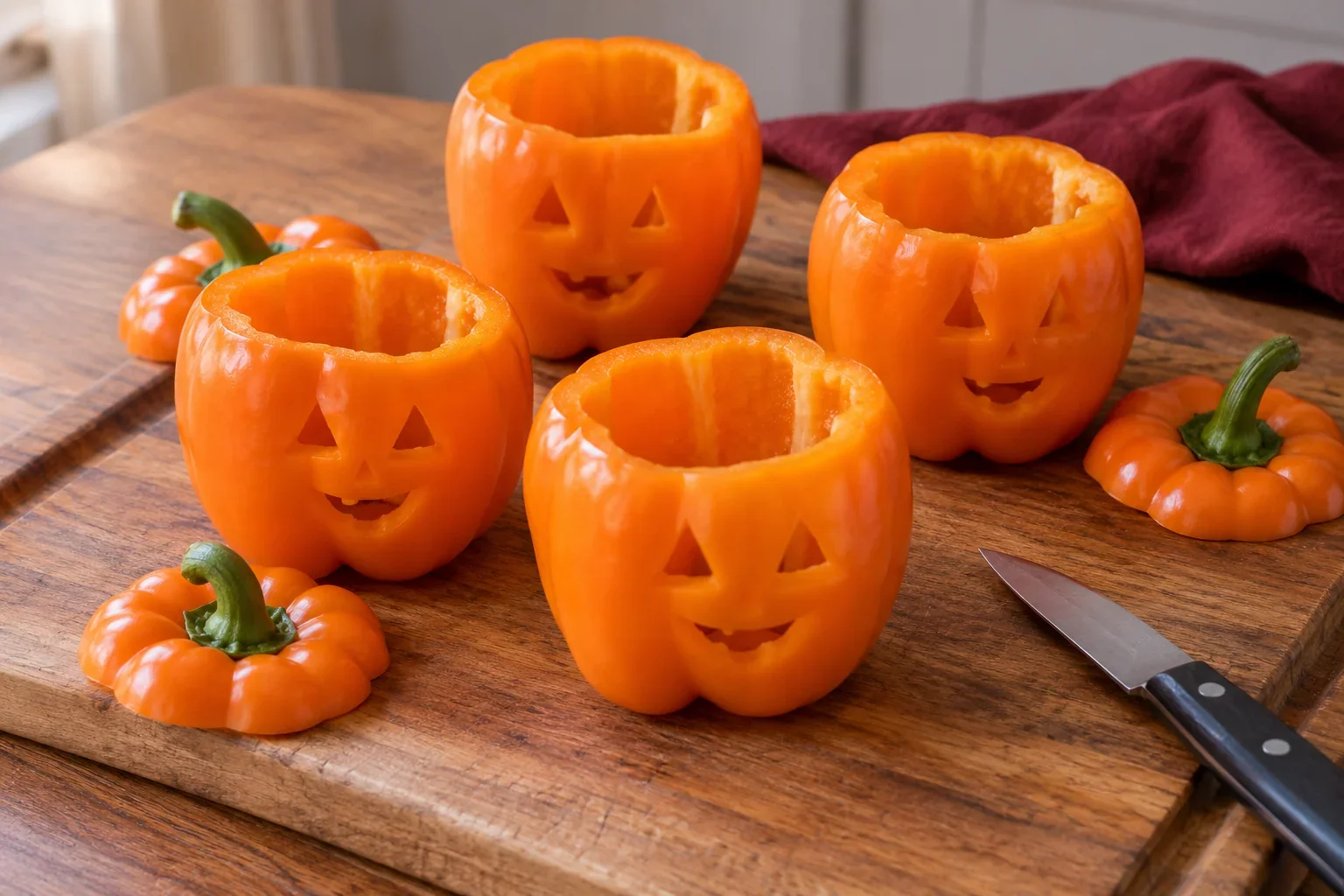 Recorta las caras de pimentones de halloween con arroz y fríjoles.