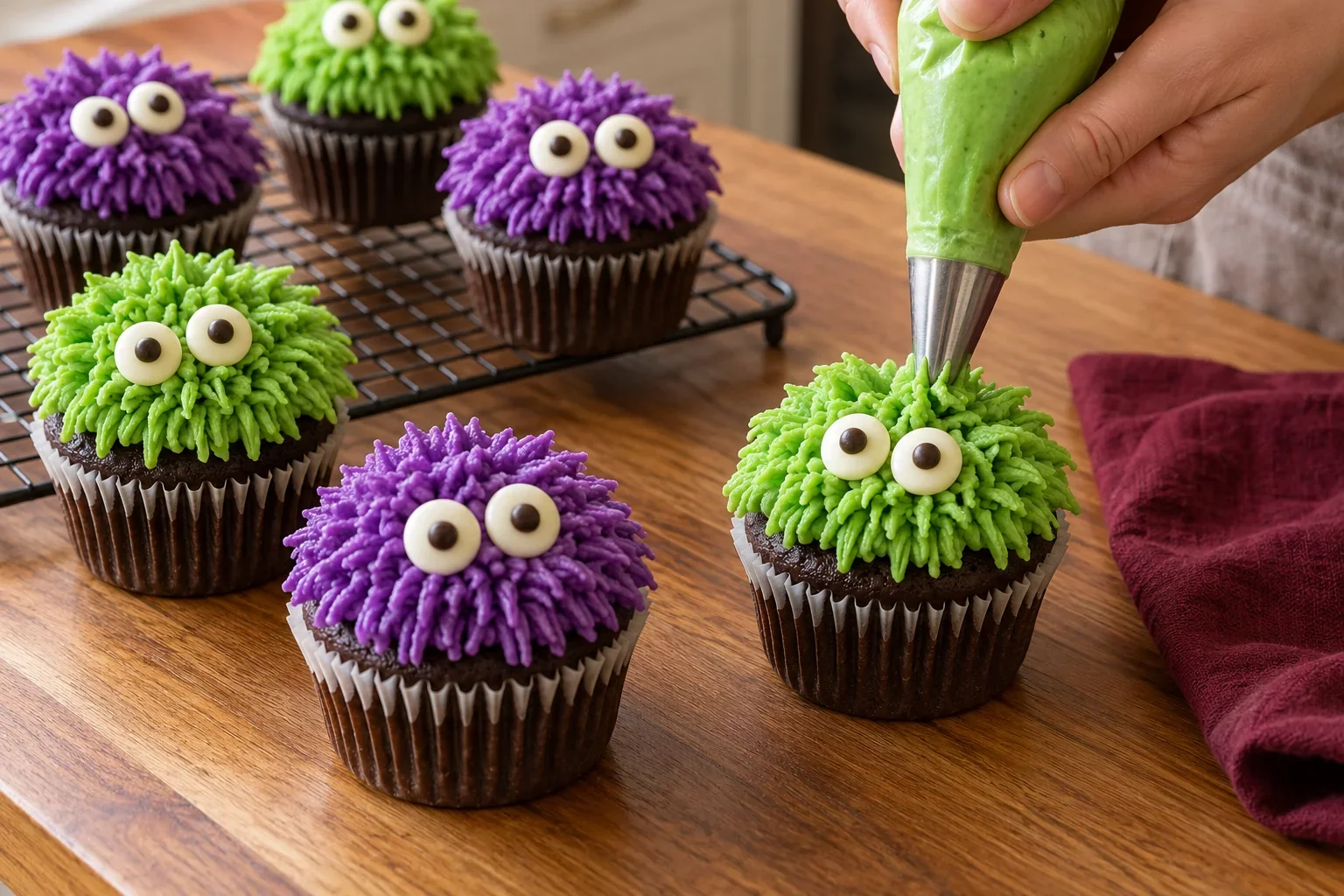 Decora los monstruos de cupcakes de monstruos para halloween.