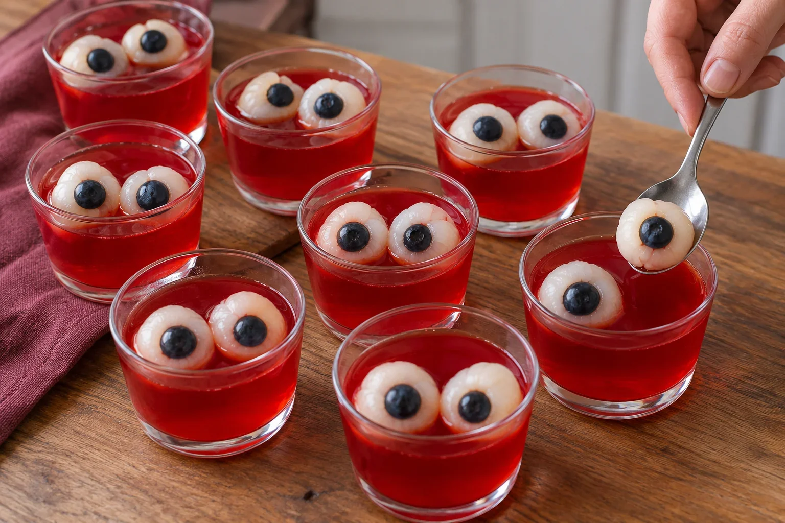 Decora la gelatina firme de vasitos de gelatina con ojos para halloween.