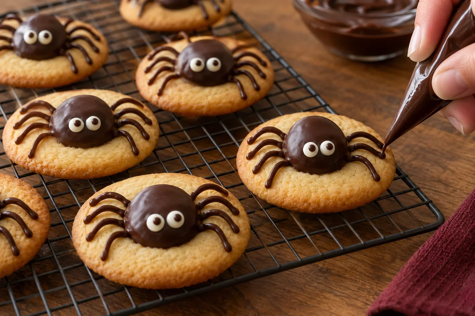 Dibuja las patas y los ojos de galletas araña de chocolate para halloween.