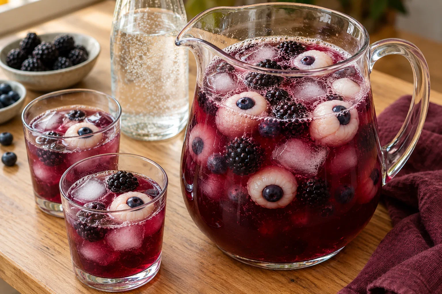 Ponche morado con ojos de lichi, hielo y agua con gas.