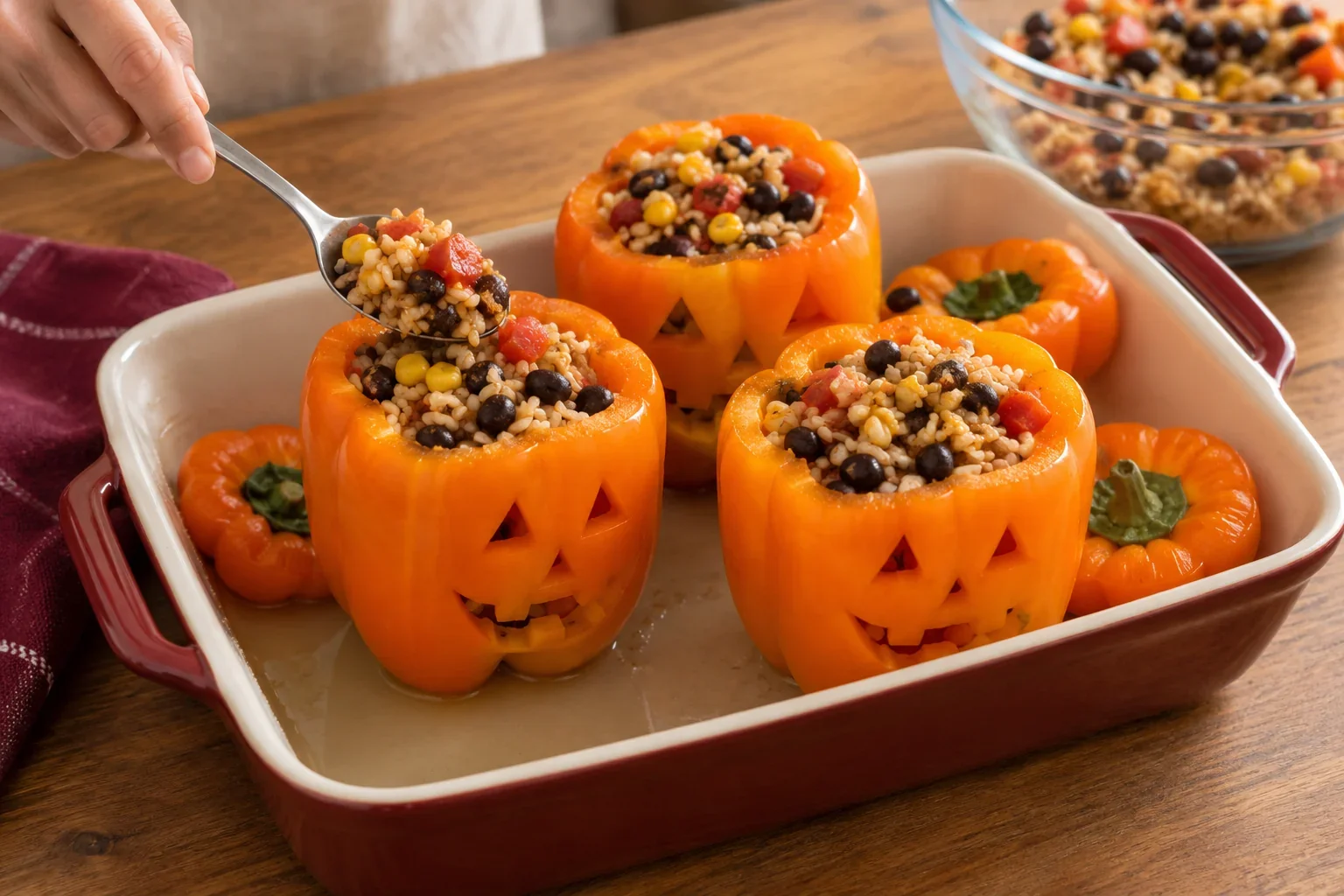 Rellena los pimentones de pimentones de halloween con arroz y fríjoles.