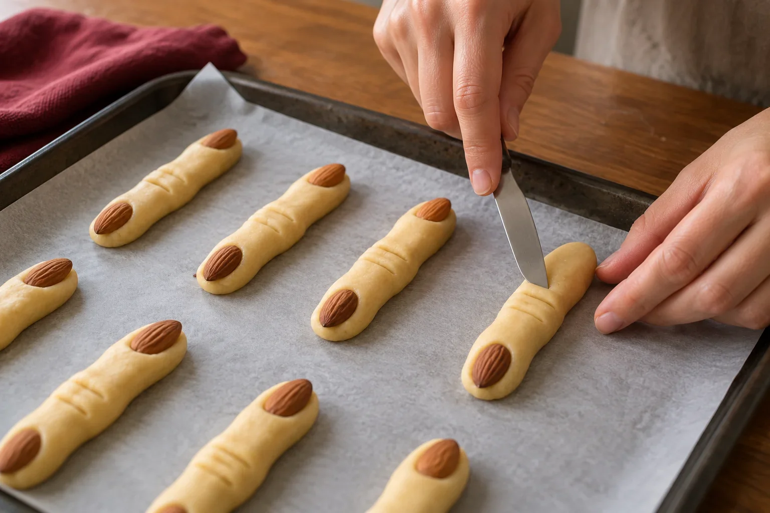 Forma los dedos y coloca las uñas de galletas dedos de bruja para halloween.