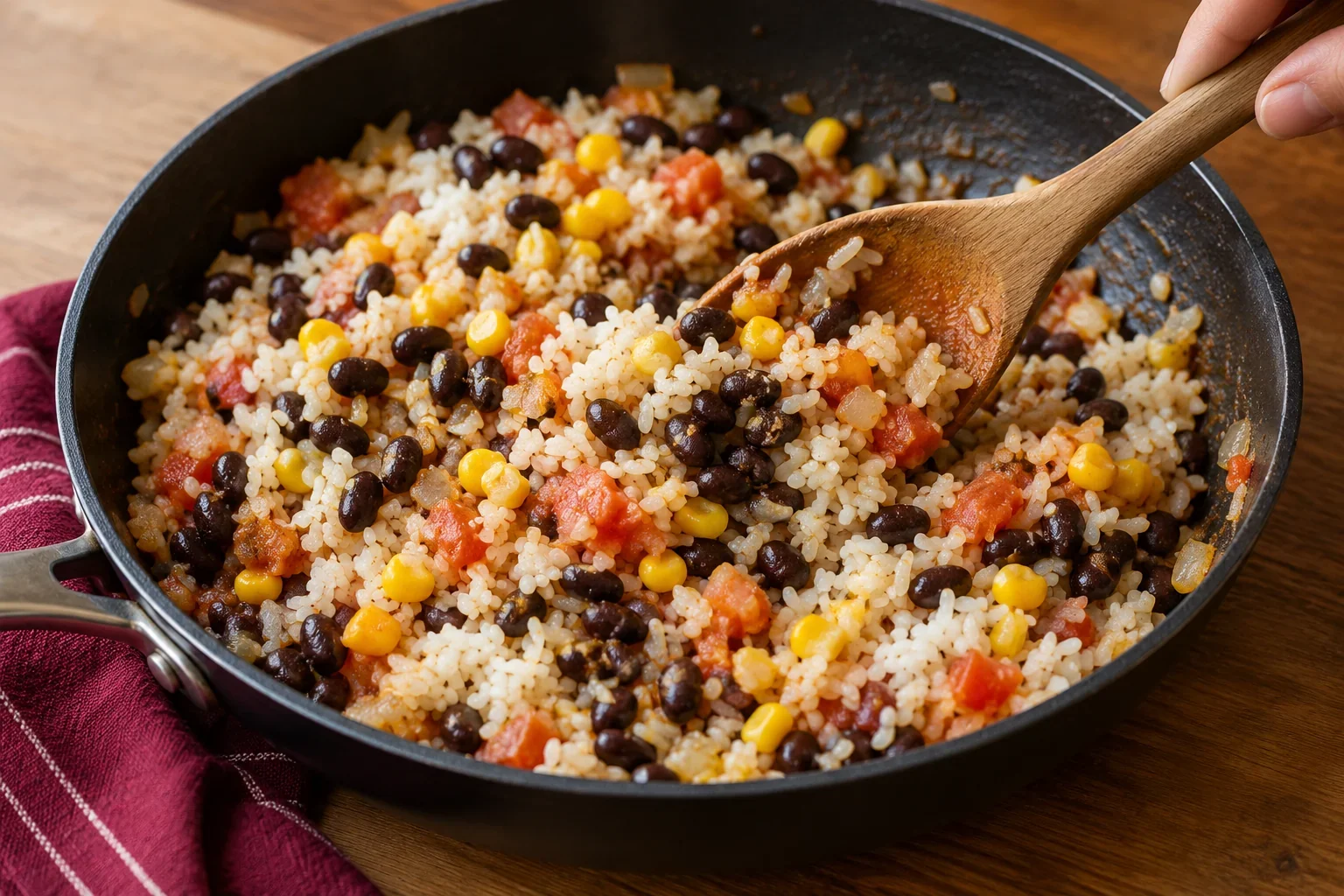 Mezcla el relleno de pimentones de halloween con arroz y fríjoles.