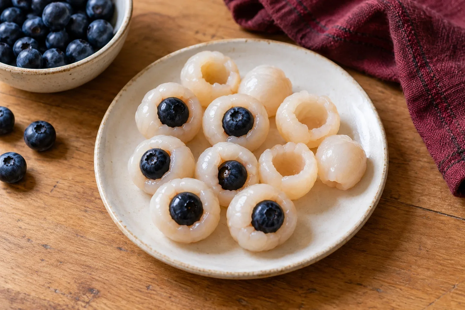 Lichis sin semilla rellenos con arándanos para formar ojos de fruta.