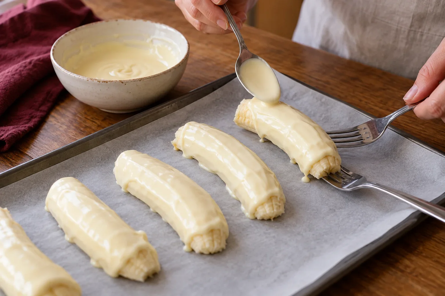 Cubre con chocolate blanco de fantasmas de banano y chocolate blanco.