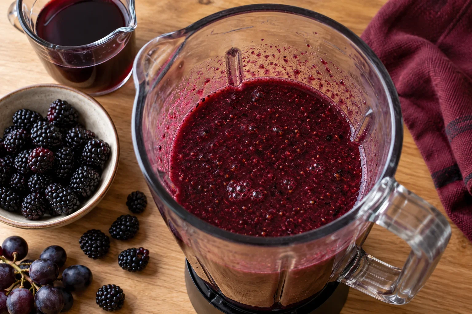 Moras licuadas con jugo de uva para la base del ponche.