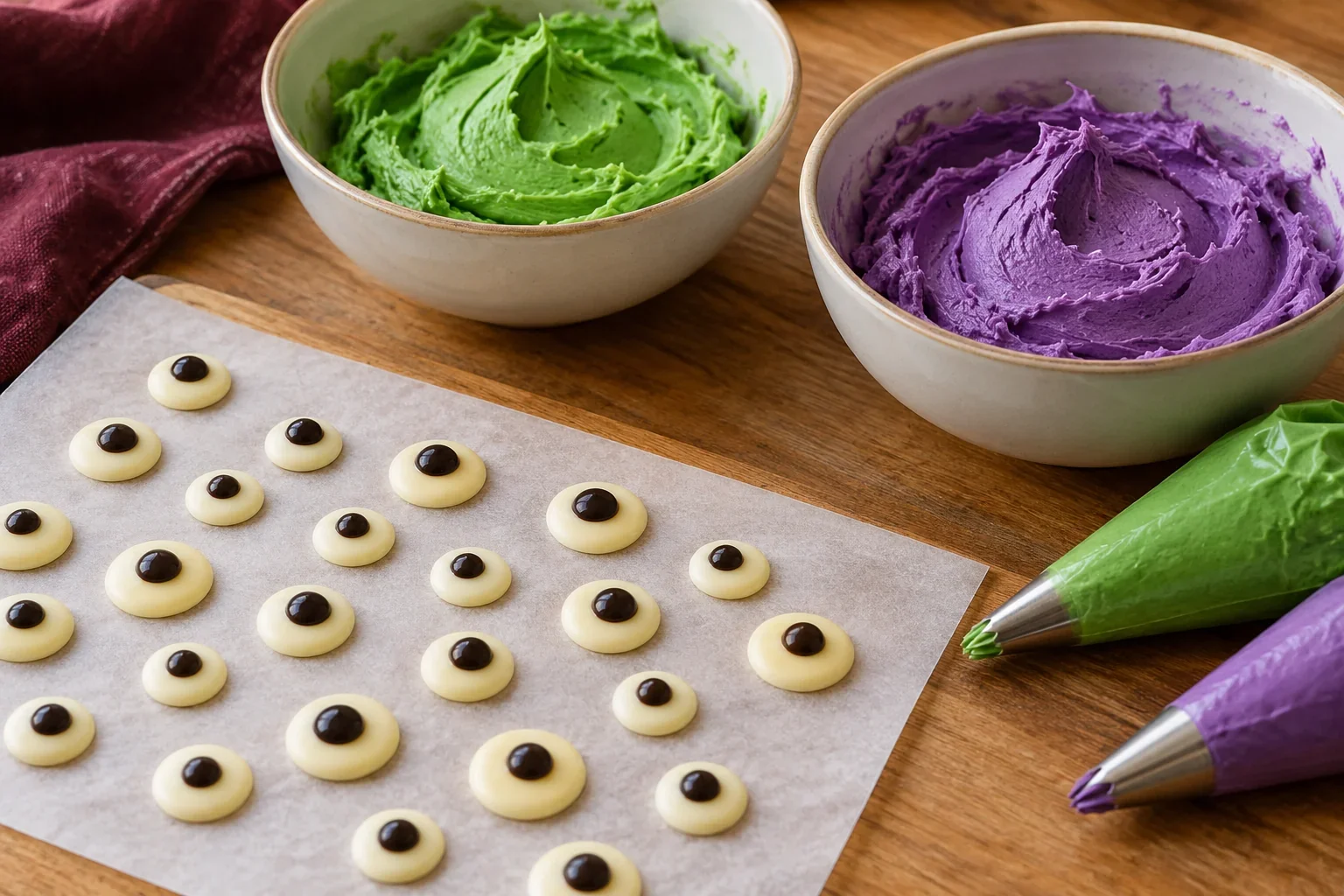 Prepara los ojos y la crema de cupcakes de monstruos para halloween.