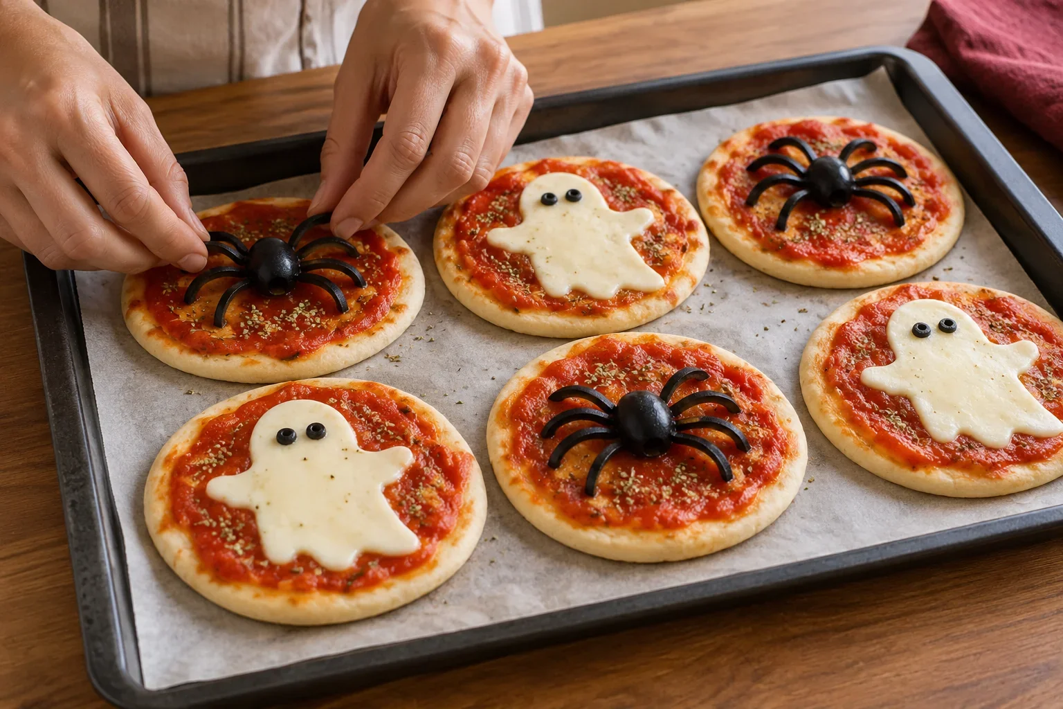 Añade los fantasmas y las arañas de minipizzas de fantasmas y arañas.