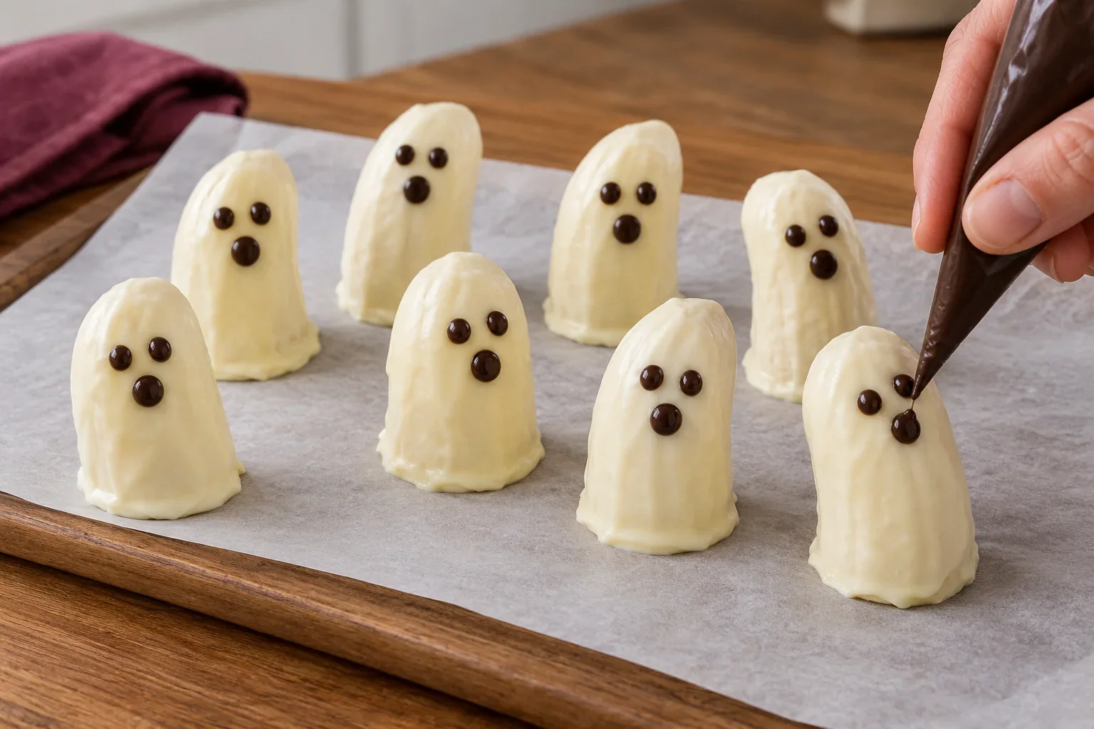 Dibuja las caras de fantasmas de banano y chocolate blanco.