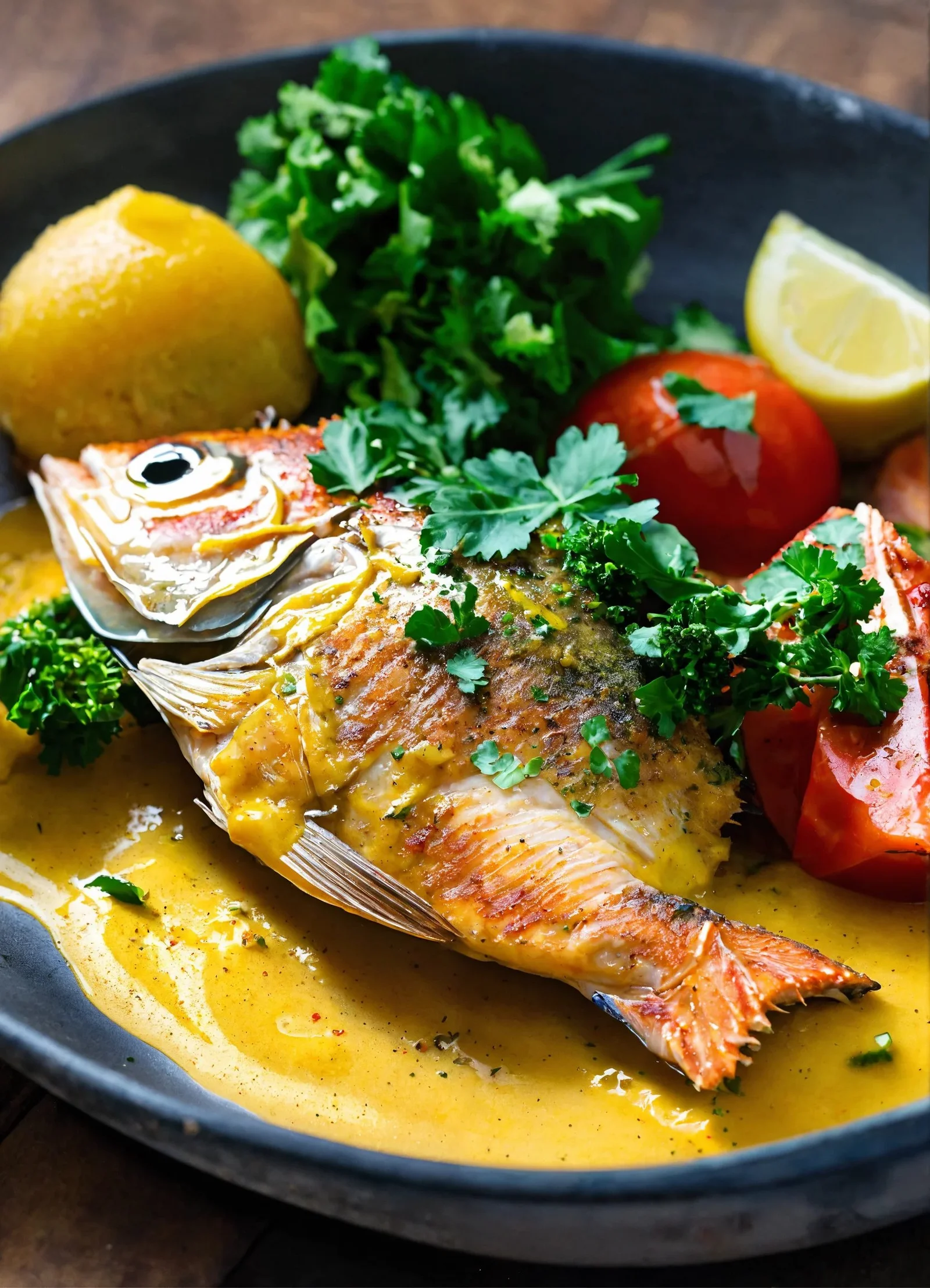 Pargo frito en salsa de mostaza