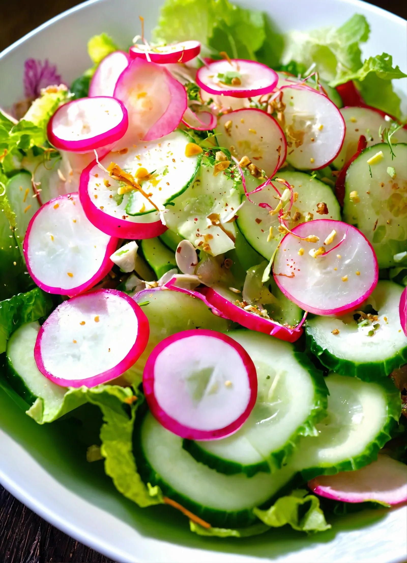 Ensalada de pepino cohombro, rábanos y lechuga