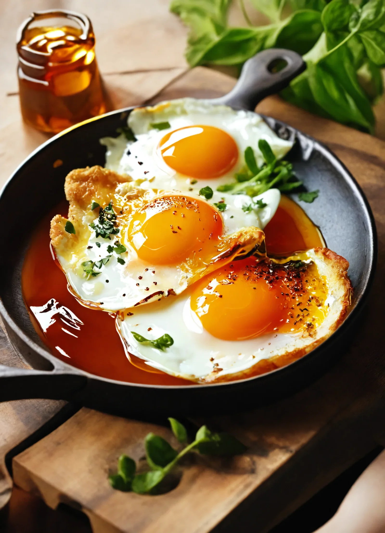 Huevos fritos en miel de abejas